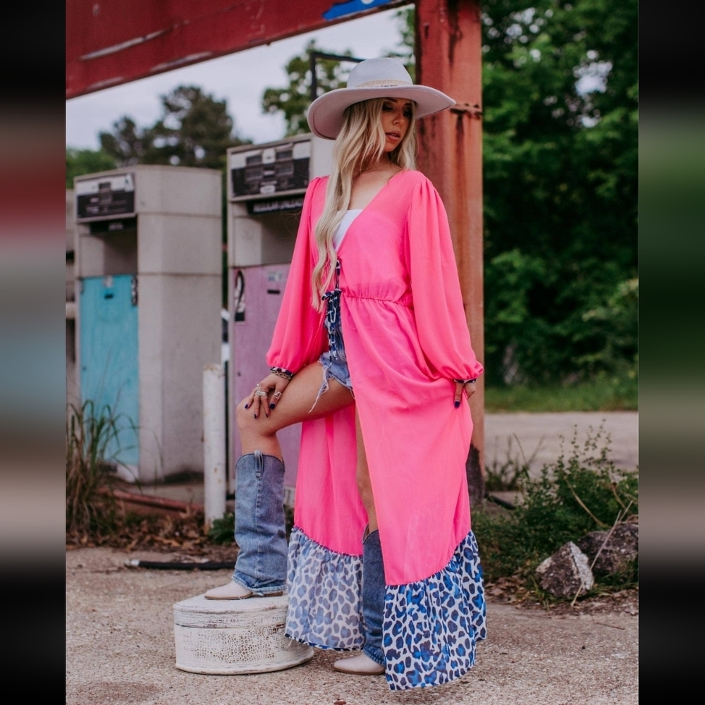 NWT Western Pink Chiffon Duster Dress Cardigan with Leopard Print Ruffle Hem - Picture 4 of 6